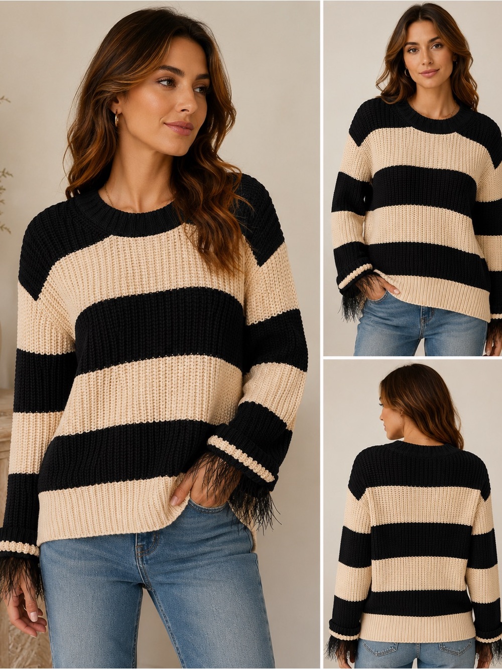 J.Crew Collection Chunky Knit Striped Sweater with Feather Cuffs Size M
